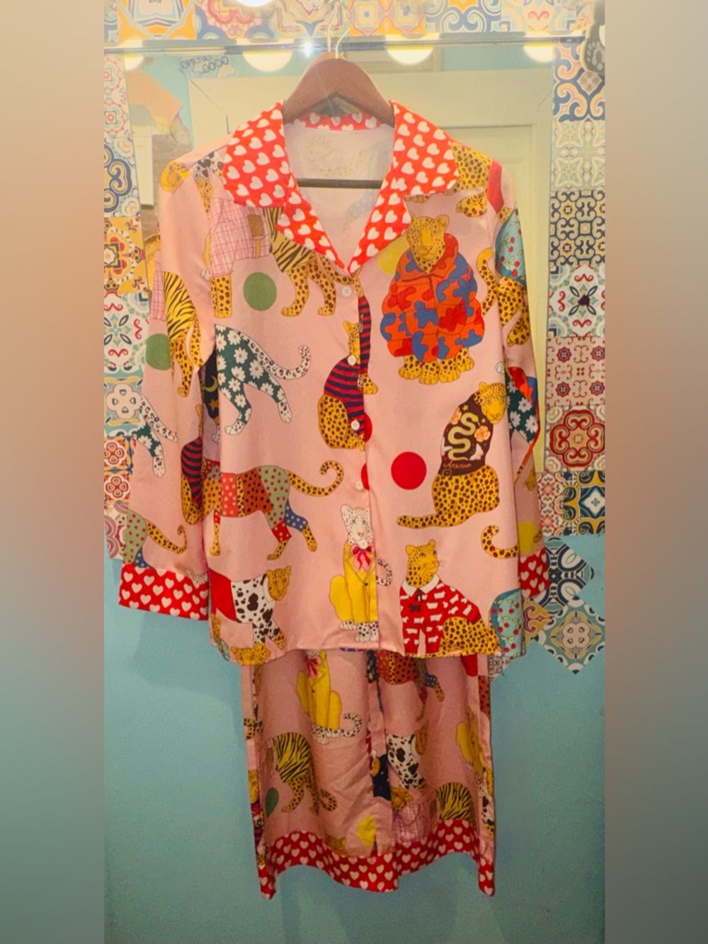 Whimsical Leopard Print Satin Pajama Set | Pink Animal Lounge Set | Size Medium